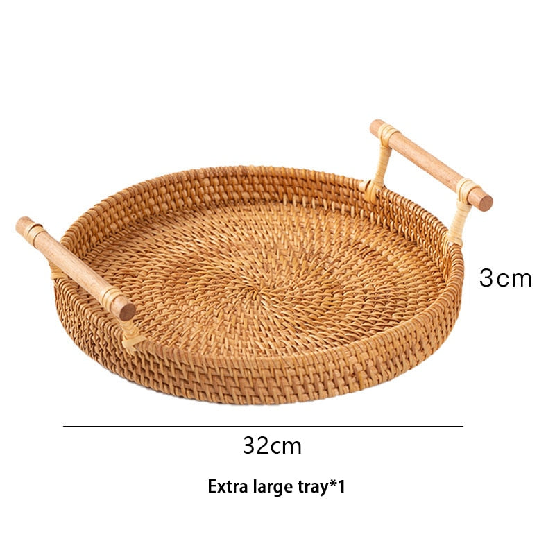 Hand-woven rattan tray with wooden handle - wicker basket for bread, fruit, cakes and more
