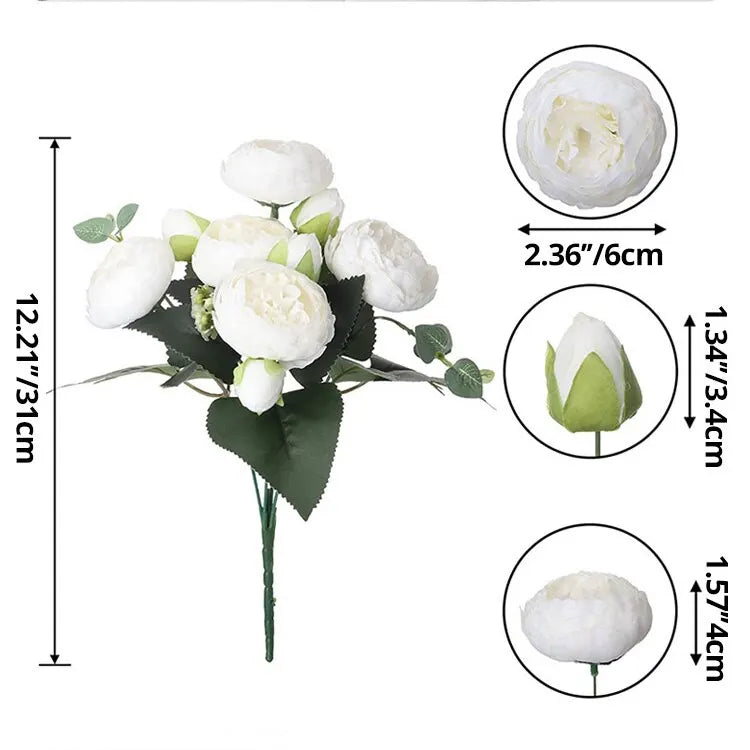 Bouquet de fleurs artificielles roses et pivoines blanches, 30cm, 5 grosses têtes et 4 bourgeons