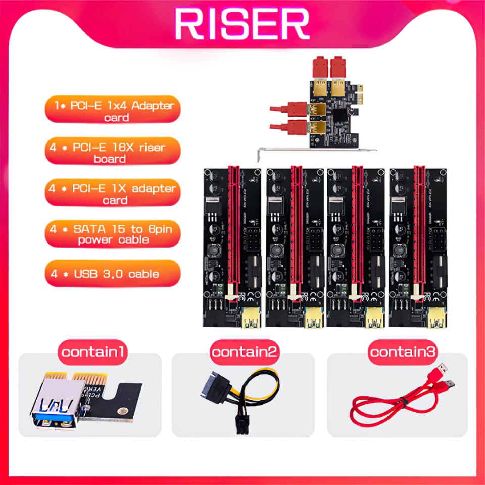 4 Stk. PCI-E 1x-16x Riser 009S Adapter für BTC Bitcoin Miner