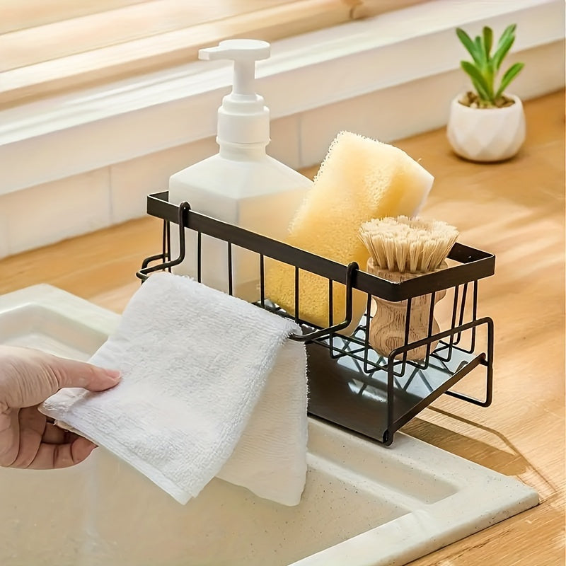 Stainless Steel Sink Caddy with Dish Towel Holder Space Saving Kitchen Organizer for Sponges Soap Brushes Rustproof Countertop Storage Solution