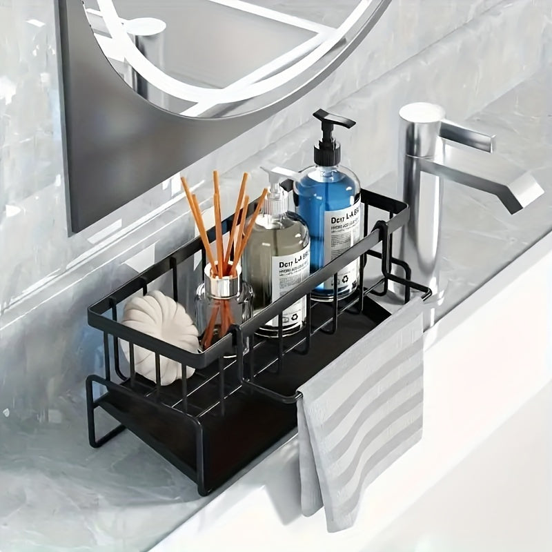 Stainless Steel Sink Caddy with Dish Towel Holder Space Saving Kitchen Organizer for Sponges Soap Brushes Rustproof Countertop Storage Solution