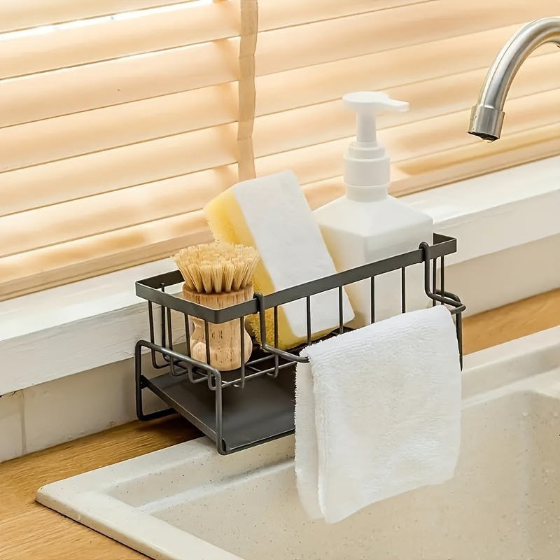 Stainless Steel Sink Caddy with Dish Towel Holder Space Saving Kitchen Organizer for Sponges Soap Brushes Rustproof Countertop Storage Solution