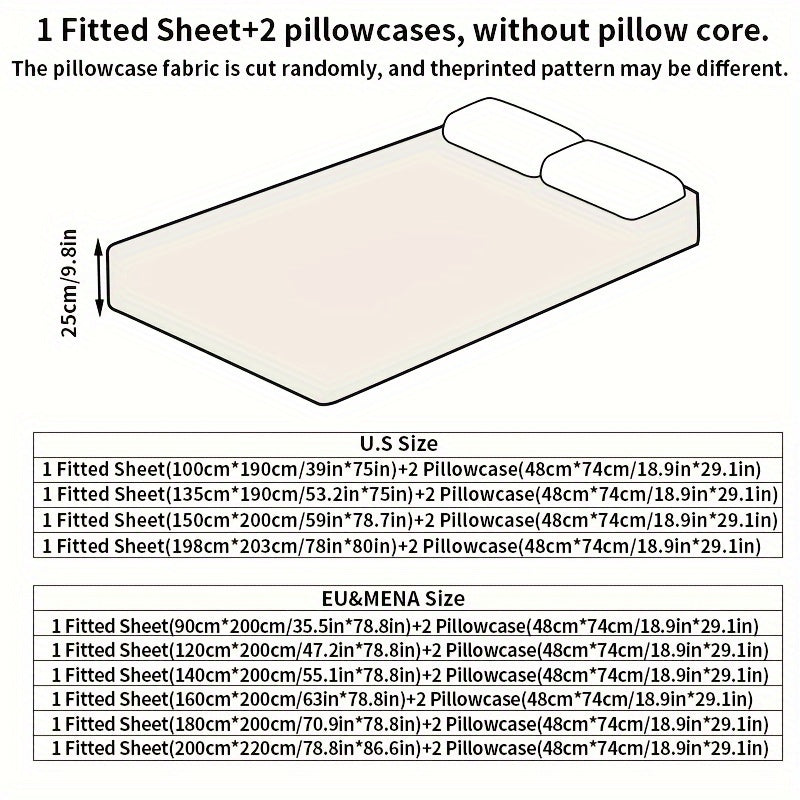 Parure de lit 3 pièces de couleur unie, douce et respirante, douce pour la peau, pour chambre à coucher, chambre d'amis, lavable en machine (1 * drap-housse + 2 * taies d'oreiller, sans noyau)