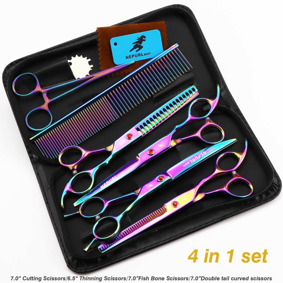 7-piece pet grooming set, scissors and curved pieces, black handle