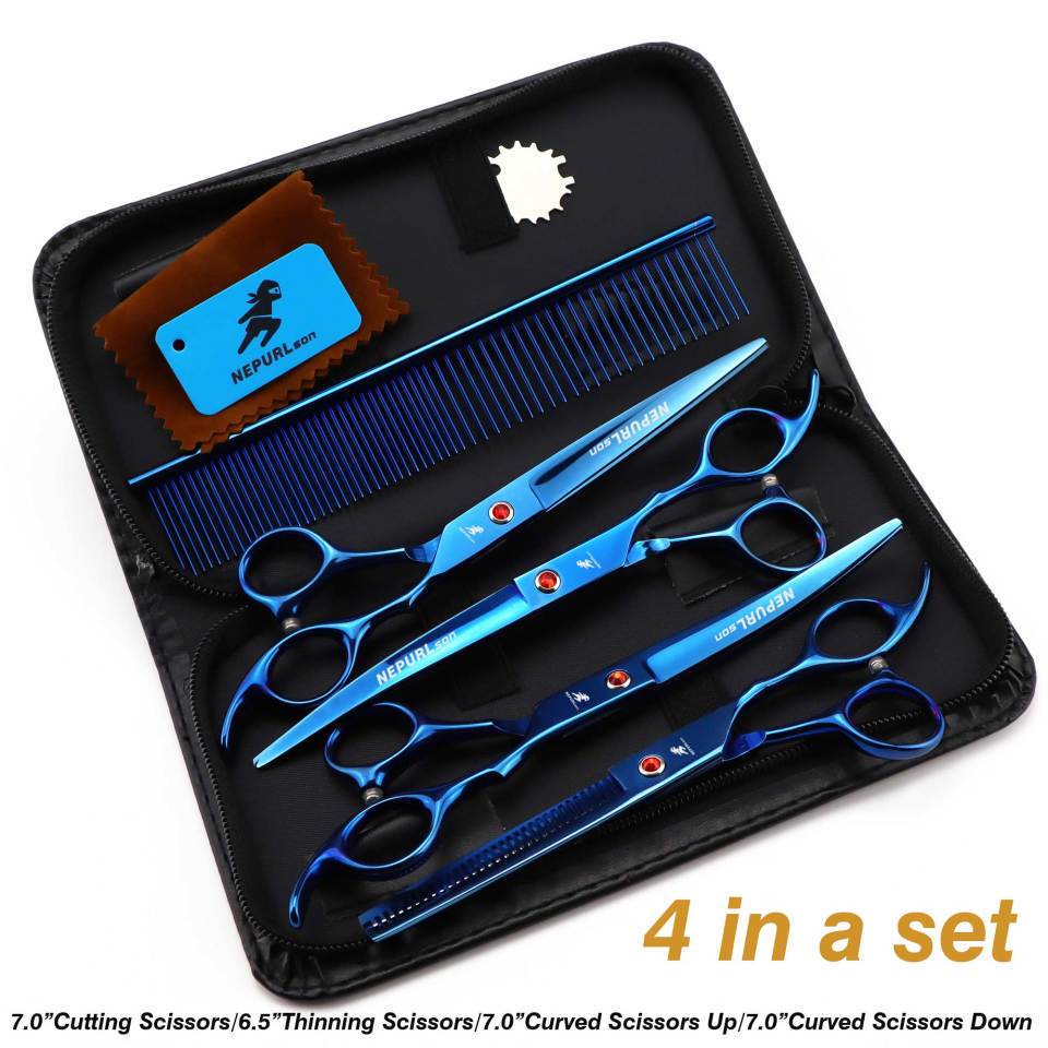 7-piece pet grooming set, scissors and curved pieces, black handle