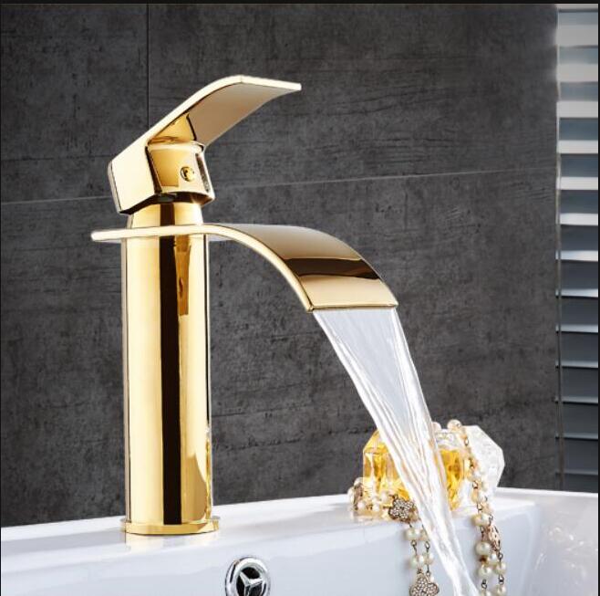 Gold-weißer Wasserfall-Wasserhahn fürs Bad, Messing, heiß-kalt, Waschbecken