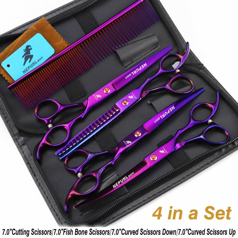 7-piece pet grooming set, scissors and curved pieces, black handle