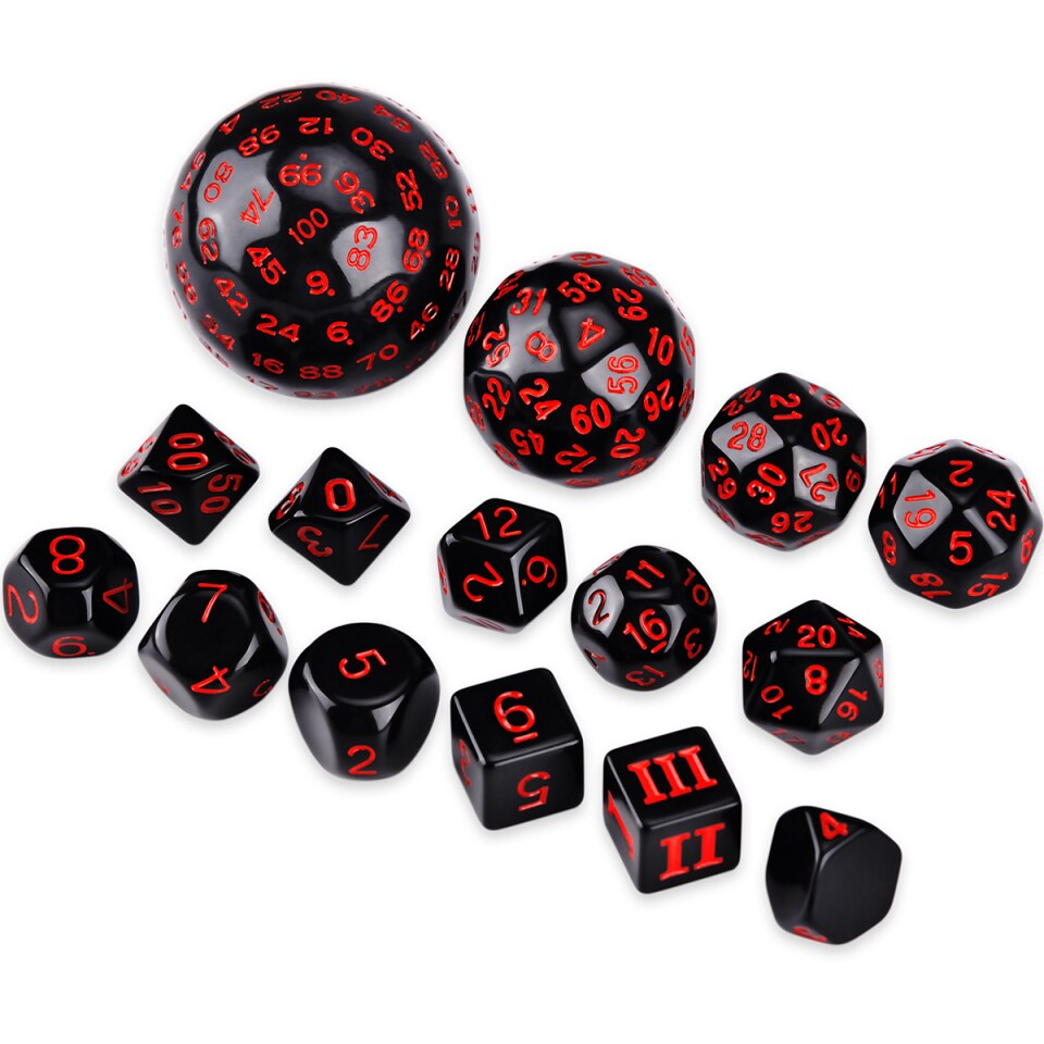 Jeu de 15 dés noirs pour mdn DCC RPG D3 D4 D5 D6 D7 D8 D10 D12 D16 D20 D24 D30 D60 D100