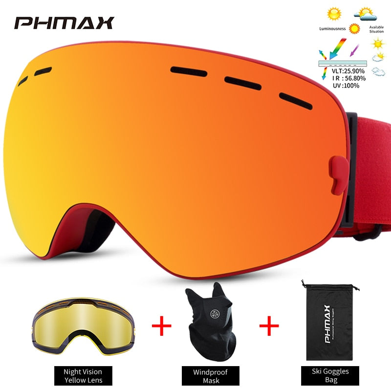 PHMAX Masque de ski anti-buée pour homme Masque de snowboard double couche UV400