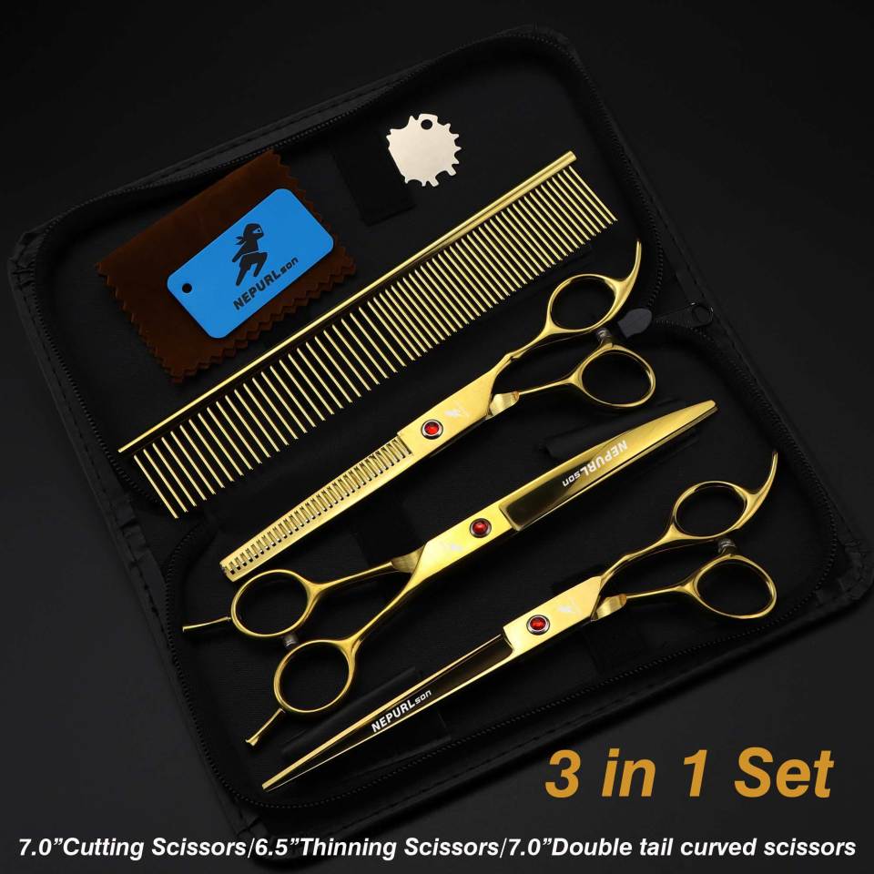 7-piece pet grooming set, scissors and curved pieces, black handle