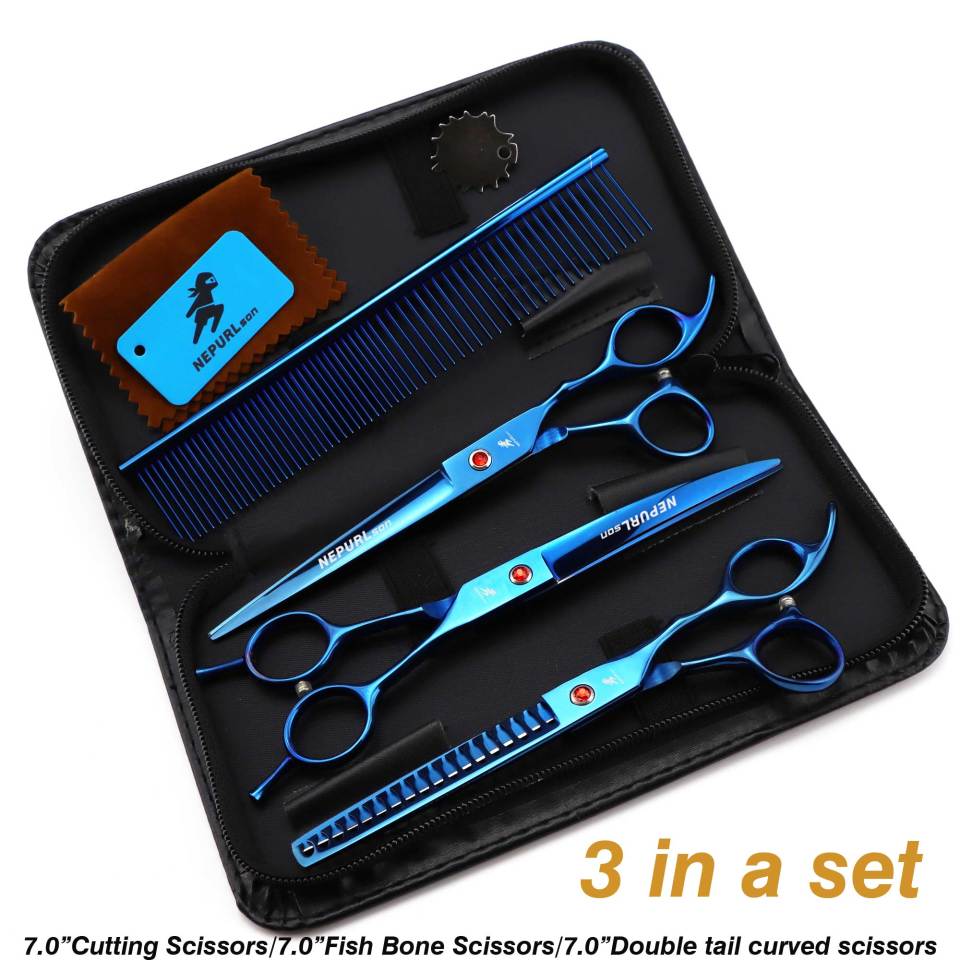 7-piece pet grooming set, scissors and curved pieces, black handle