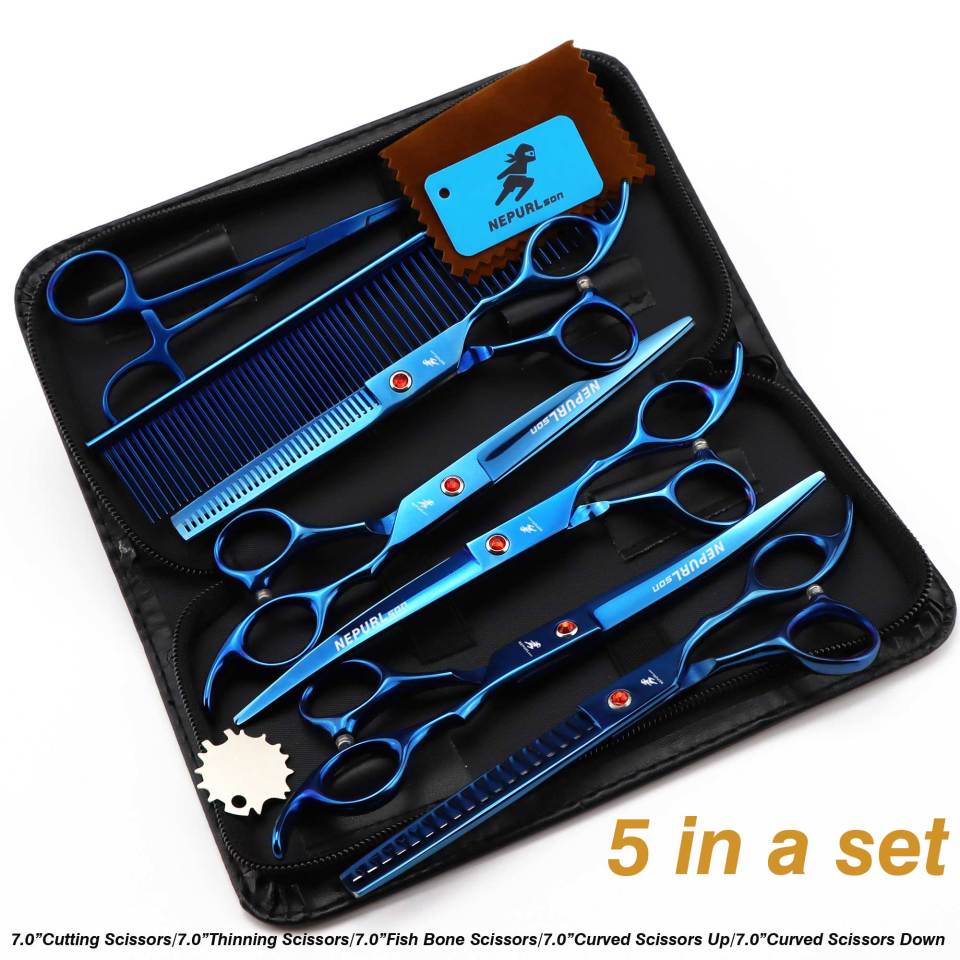 7-piece pet grooming set, scissors and curved pieces, black handle