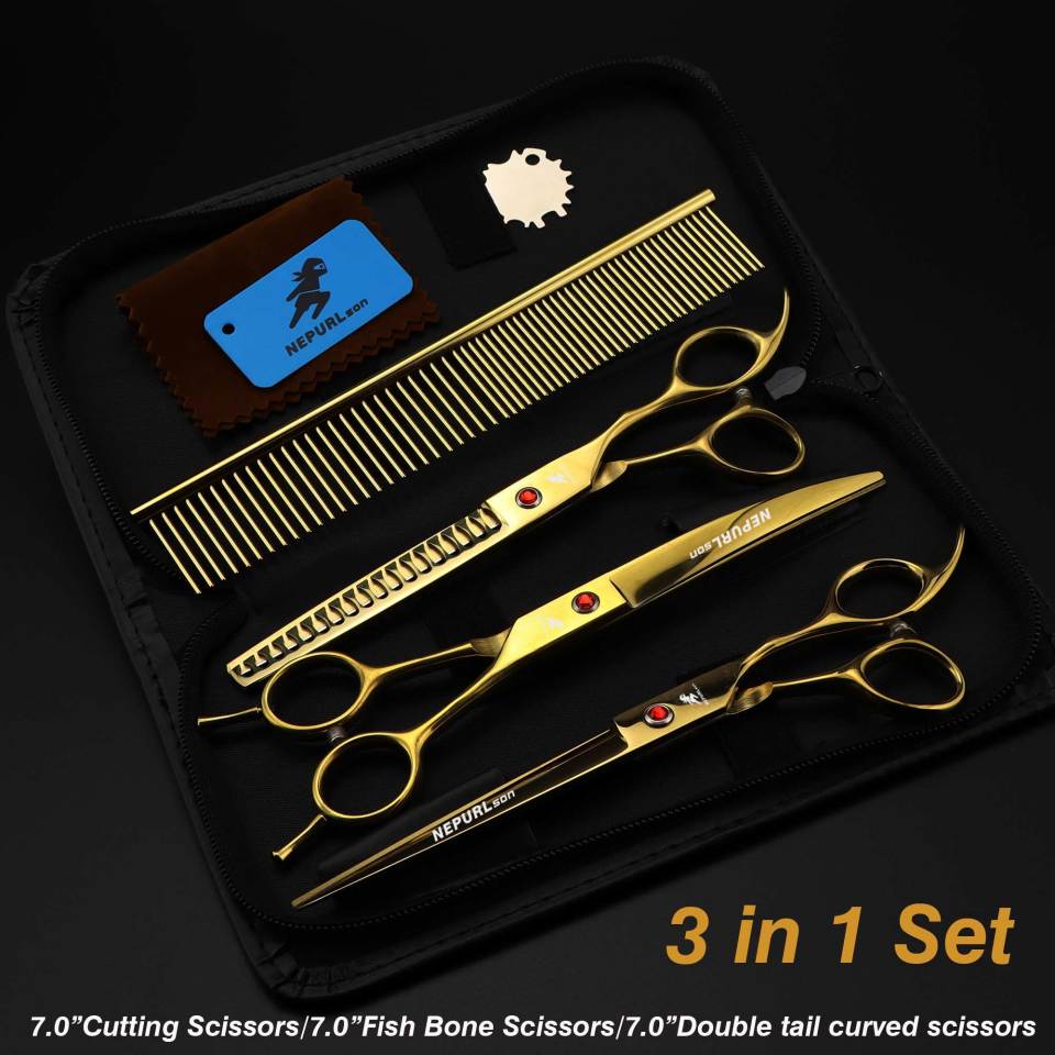 7-piece pet grooming set, scissors and curved pieces, black handle