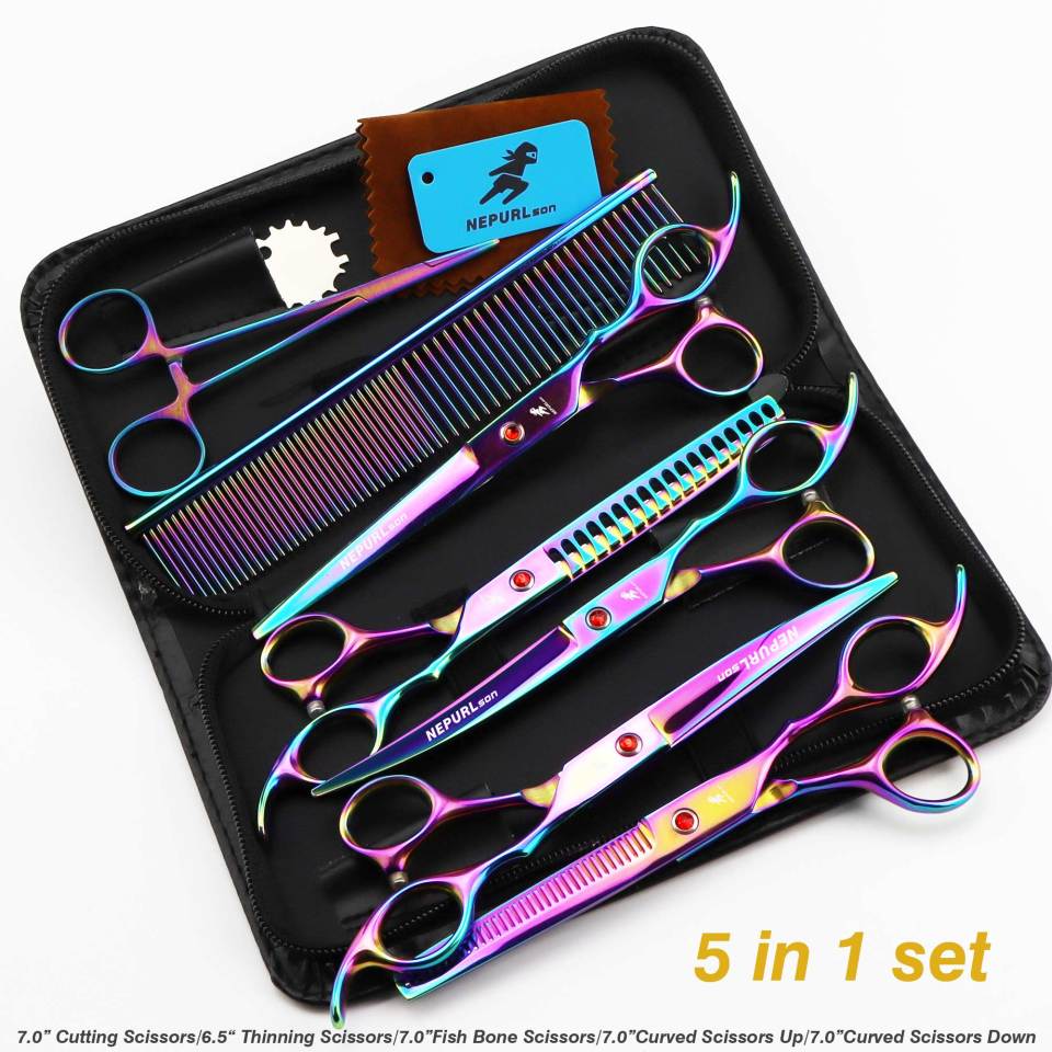 7-piece pet grooming set, scissors and curved pieces, black handle