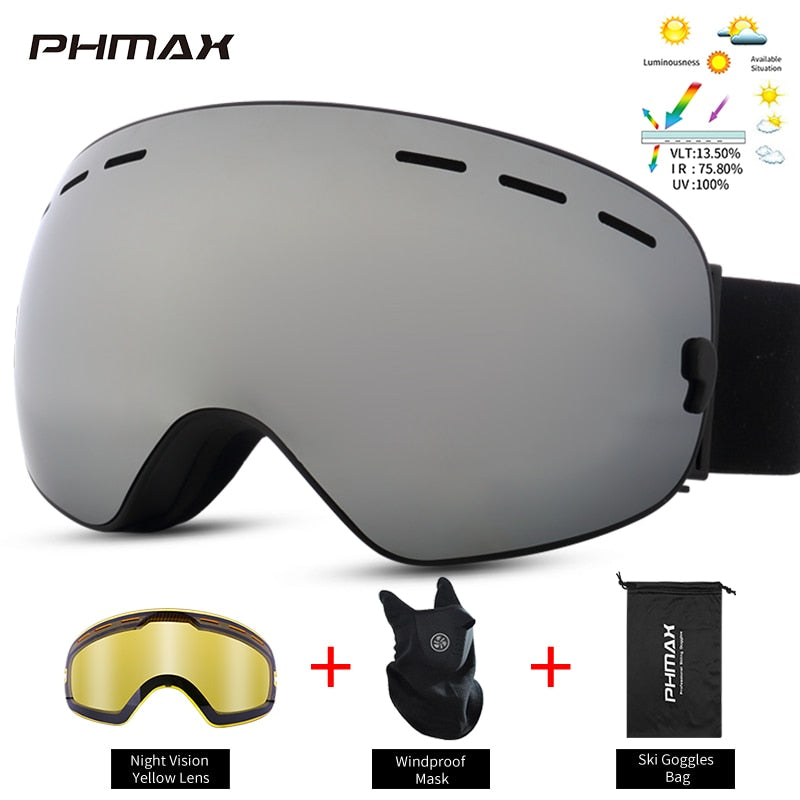 PHMAX Masque de ski anti-buée pour homme Masque de snowboard double couche UV400