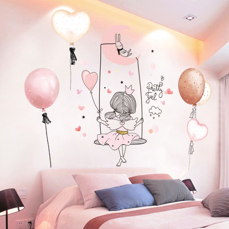 Cartoon Girl Moon Wall Stickers - DIY Balloons Wall Decals for Kids Room