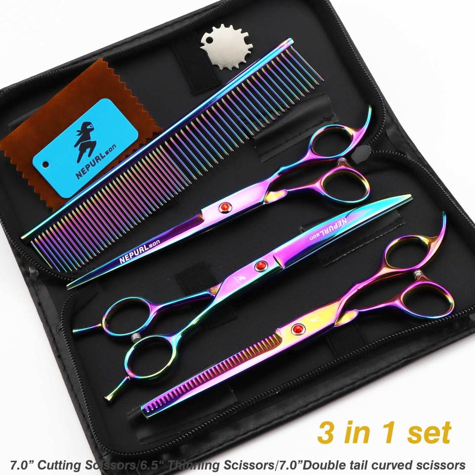 7-piece pet grooming set, scissors and curved pieces, black handle