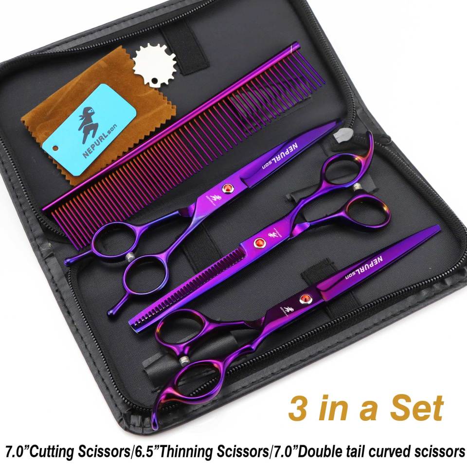 7-piece pet grooming set, scissors and curved pieces, black handle