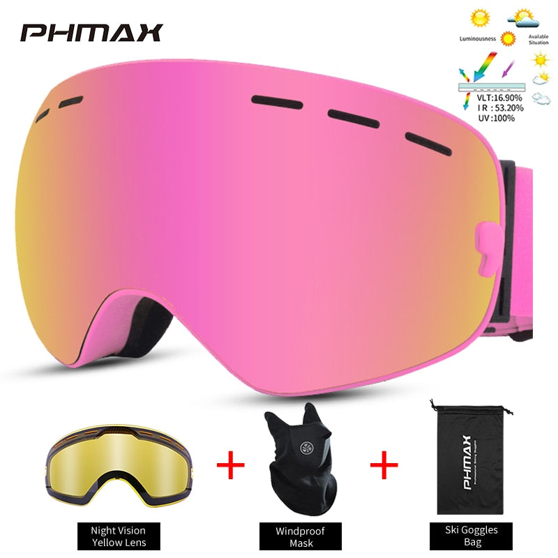 PHMAX Anti-Fog Ski Goggles Men UV400 Double Layer Snowboard Mask