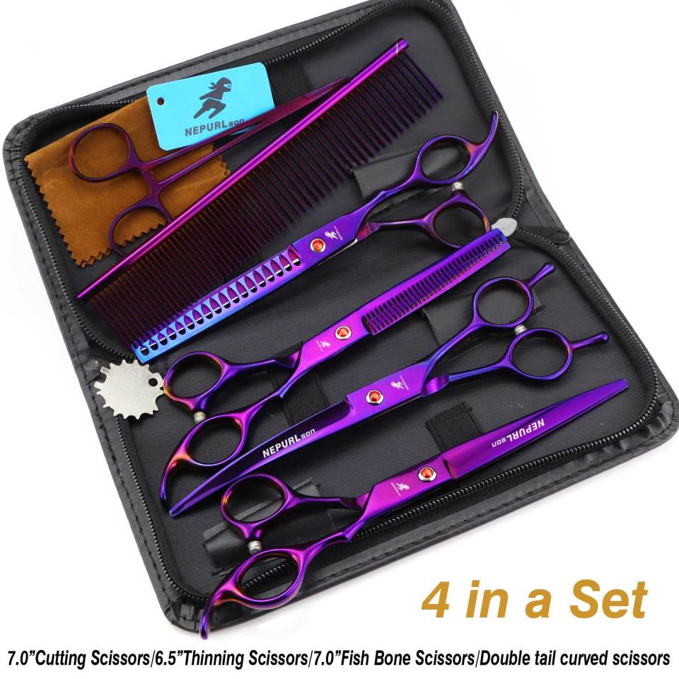 7-piece pet grooming set, scissors and curved pieces, black handle