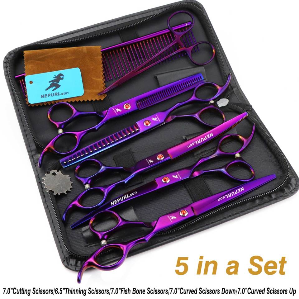 7-piece pet grooming set, scissors and curved pieces, black handle