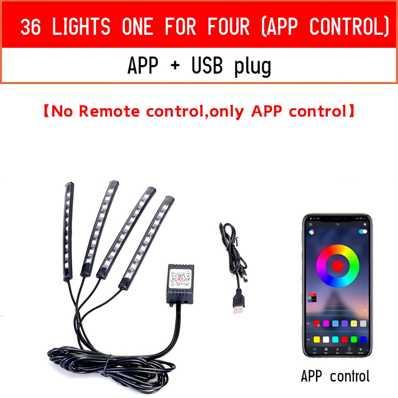 LED car interior light with USB cigarette lighter, music control, app - RGB atmosphere light