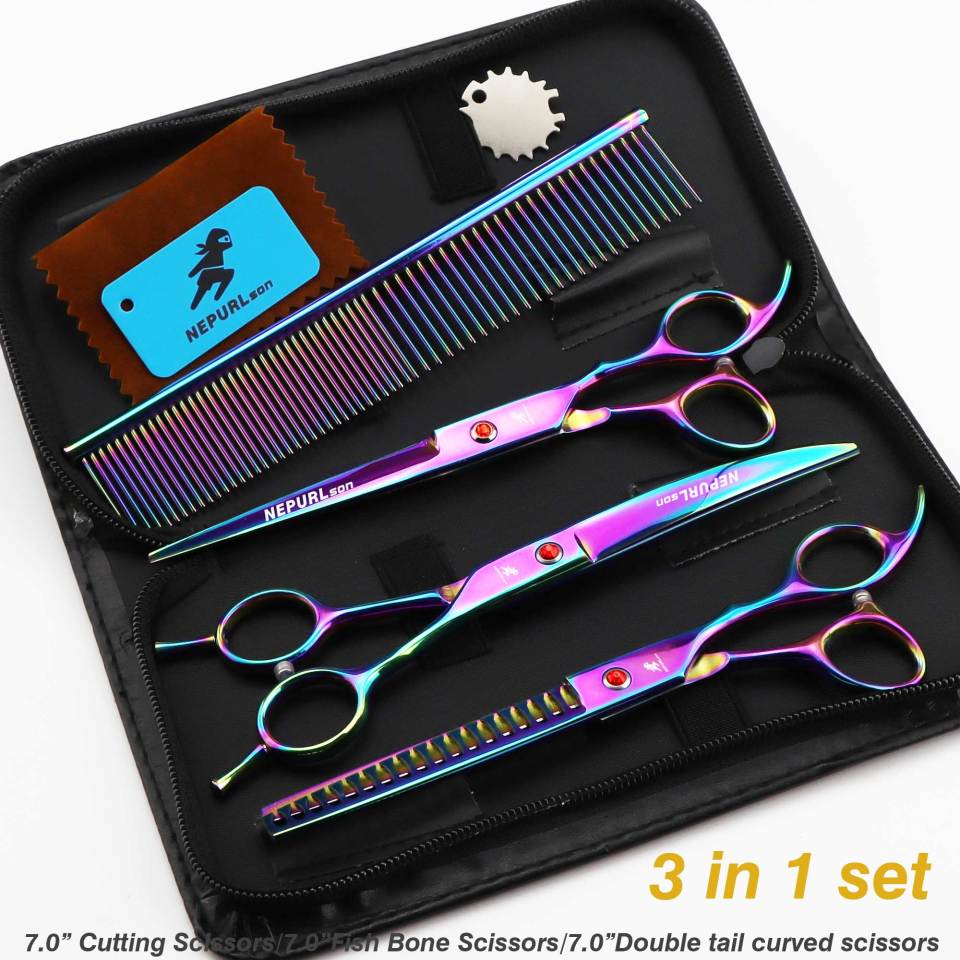 7-piece pet grooming set, scissors and curved pieces, black handle