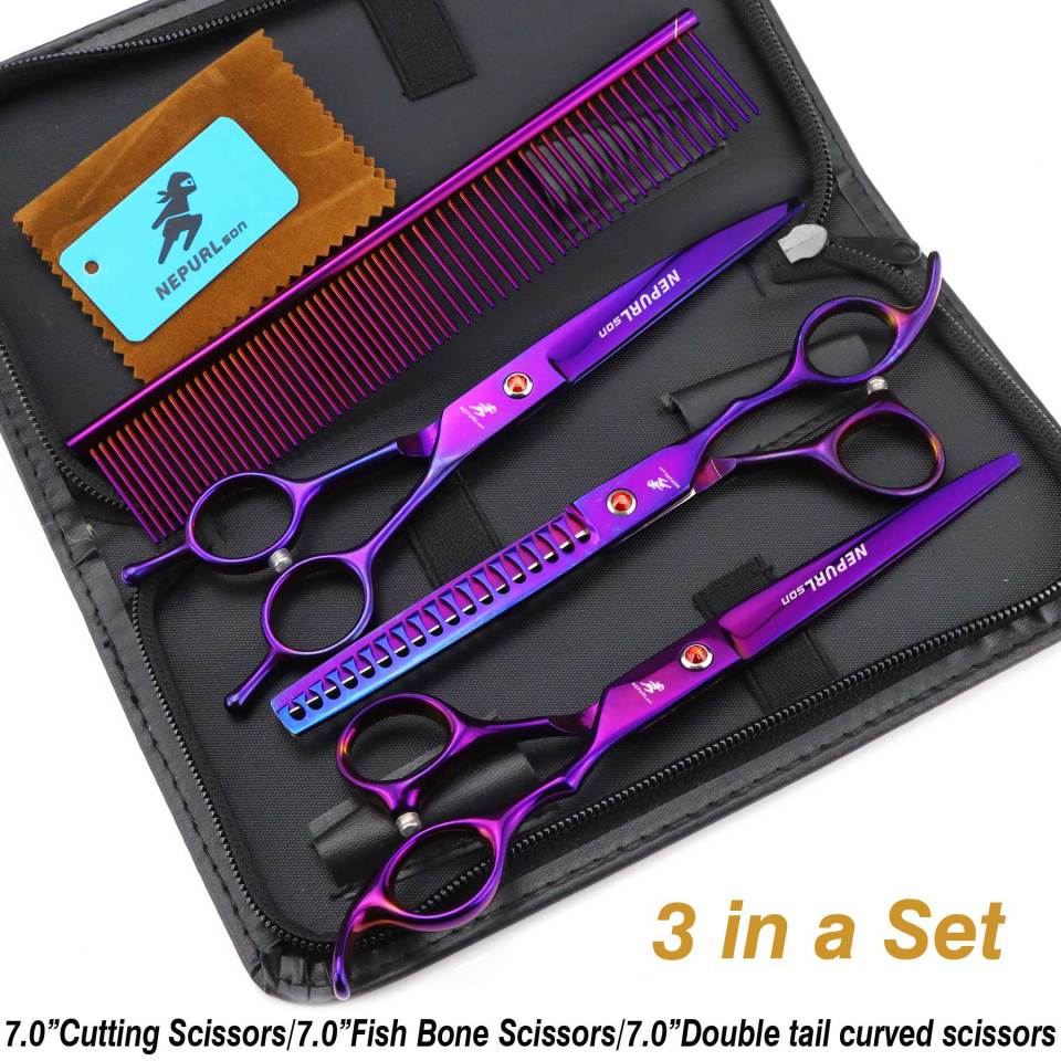 7-piece pet grooming set, scissors and curved pieces, black handle