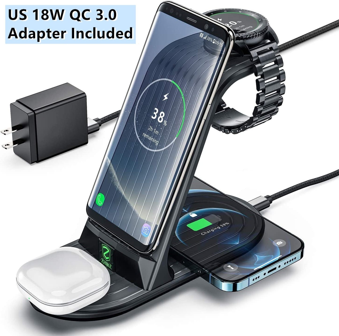 Station de charge rapide 4 en 1 pour Samsung Galaxy Watch 3, Gear, Buds, Note 20, S21, iPhone 12, 11 Pro Max, AirPods