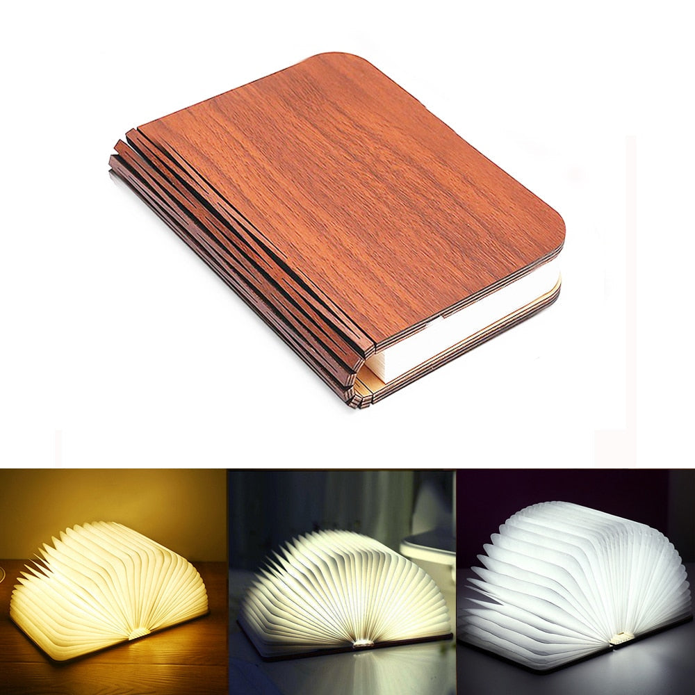 LED Book Night Light, 3 Colors, Portable, Foldable, 5V USB, Wood