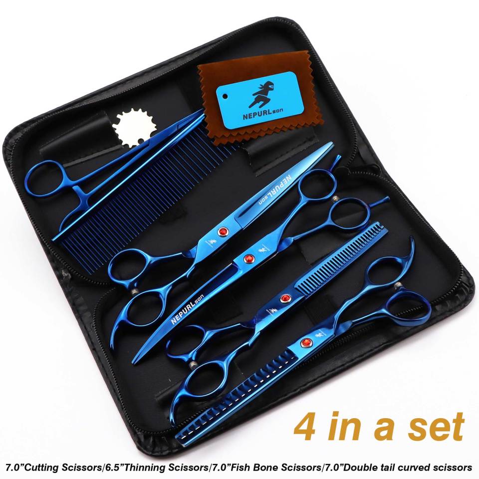 7-piece pet grooming set, scissors and curved pieces, black handle