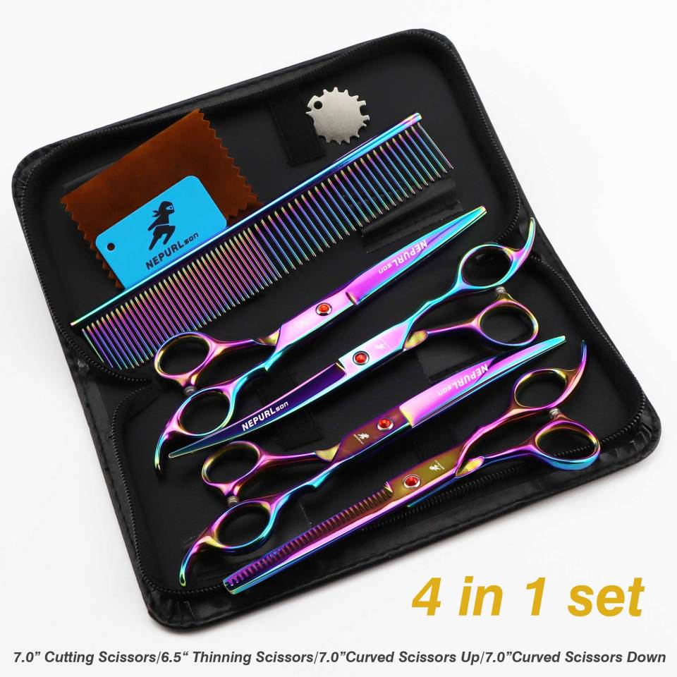 7-piece pet grooming set, scissors and curved pieces, black handle