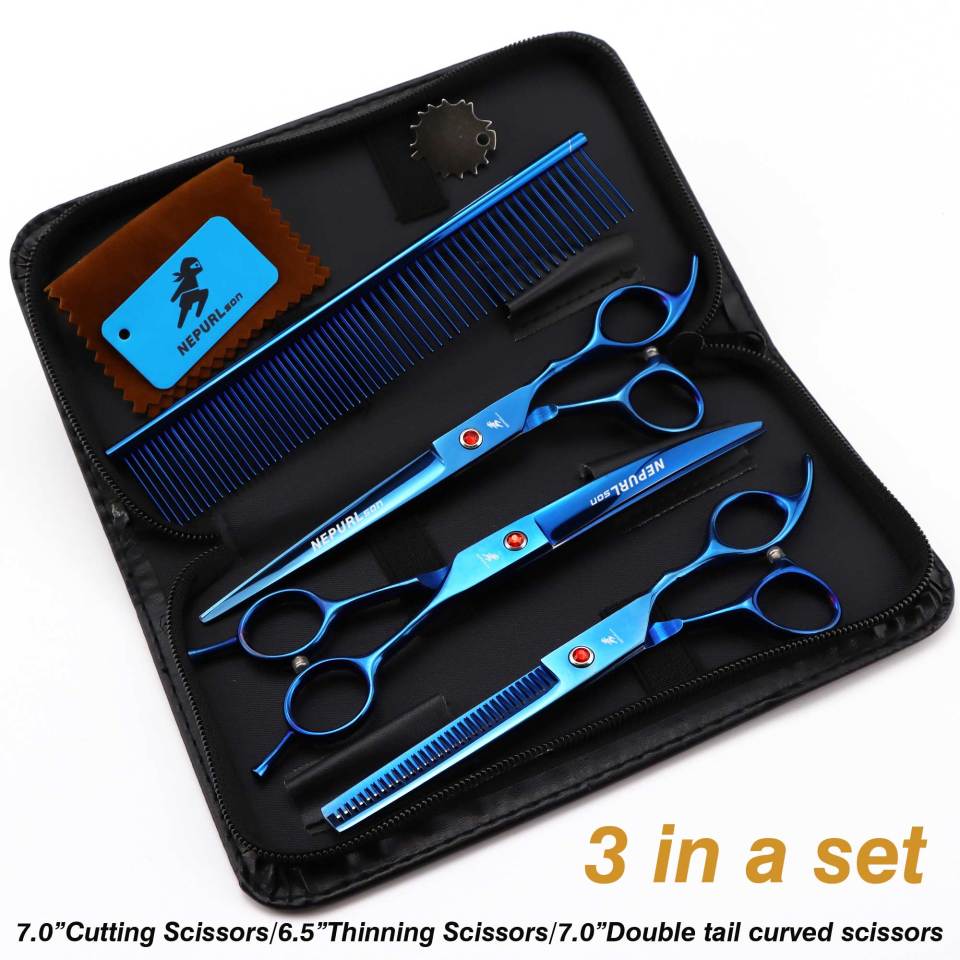 7-piece pet grooming set, scissors and curved pieces, black handle