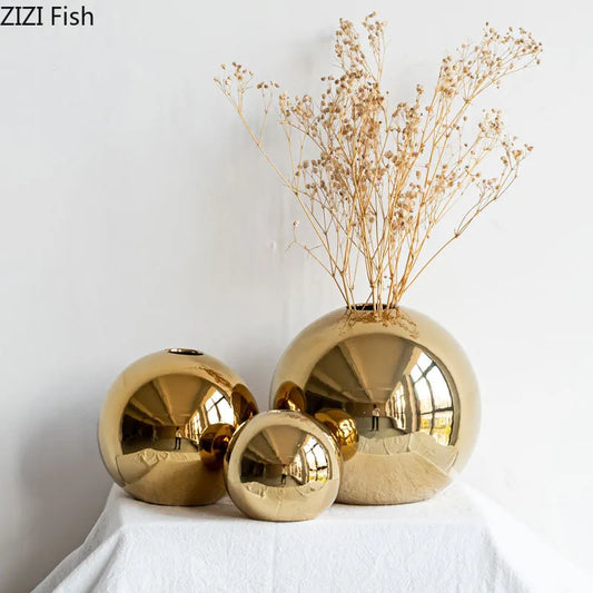 Plating Golden Ball Keramik Vase Home Dekoration Ornamente Crafts Flower