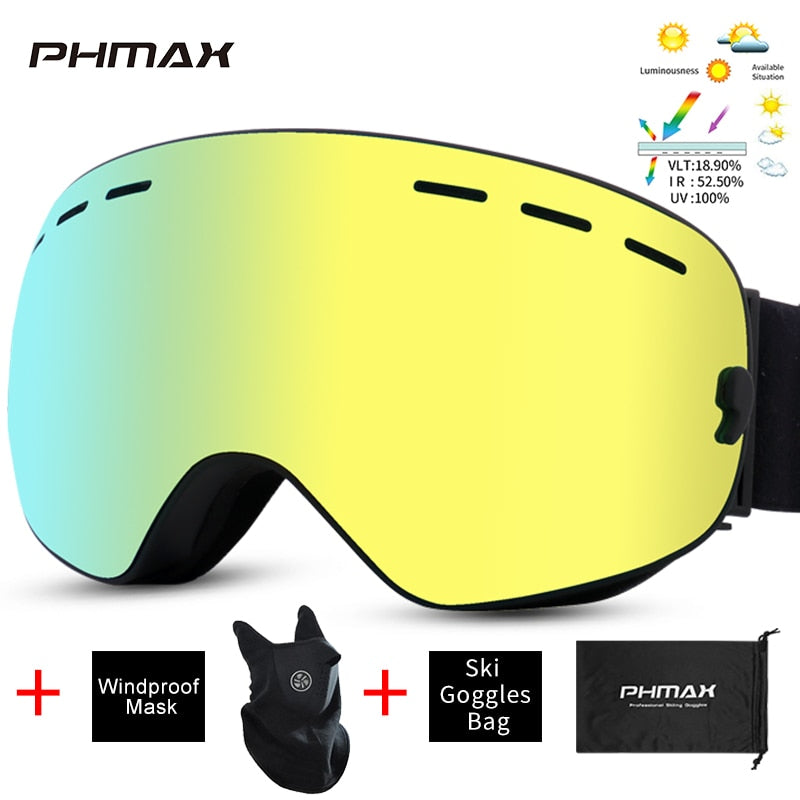 PHMAX Anti-Fog Ski Goggles Men UV400 Double Layer Snowboard Mask