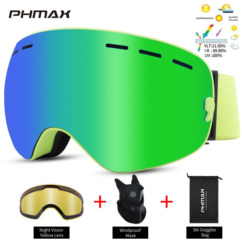 PHMAX Anti-Fog Ski Goggles Men UV400 Double Layer Snowboard Mask