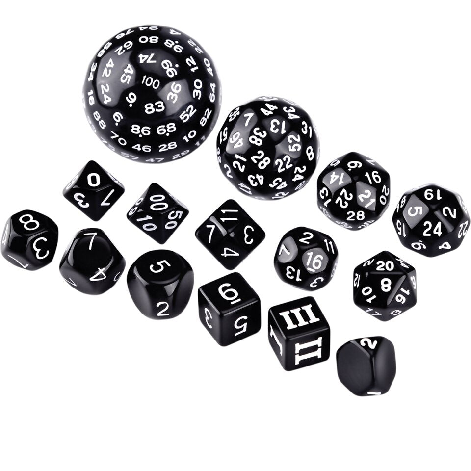 Jeu de 15 dés noirs pour mdn DCC RPG D3 D4 D5 D6 D7 D8 D10 D12 D16 D20 D24 D30 D60 D100