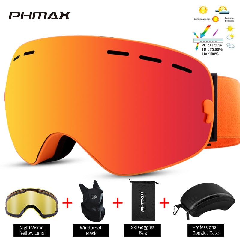 PHMAX Anti-Fog Ski Goggles Men UV400 Double Layer Snowboard Mask