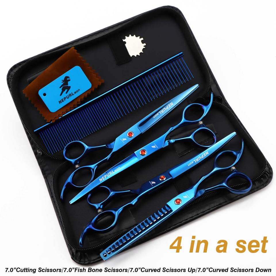 7-piece pet grooming set, scissors and curved pieces, black handle