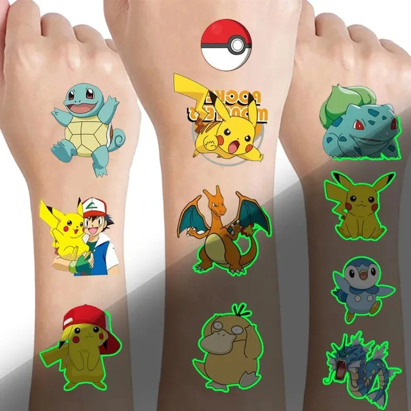 Tatouages ​​lumineux Pokemon pour enfants, autocollants temporaires, Styles Pikachu, fournitures de fête scintillantes pour garçons et filles, cadeaux pour enfants