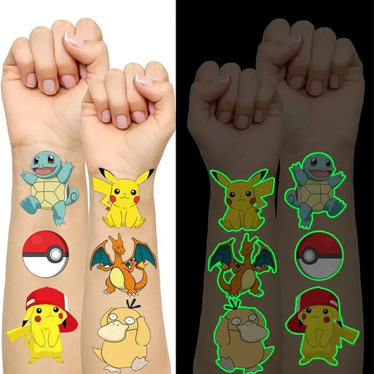 Tatouages ​​lumineux Pokemon pour enfants, autocollants temporaires, Styles Pikachu, fournitures de fête scintillantes pour garçons et filles, cadeaux pour enfants