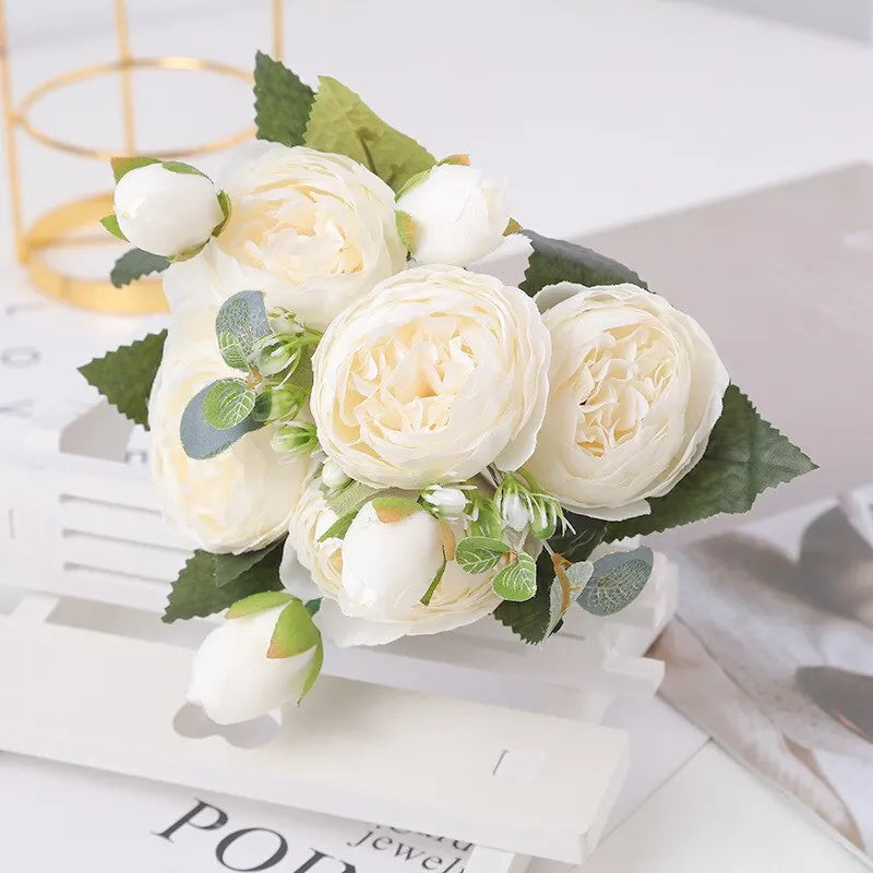 30cm Rose Weiß Pfingstrose Künstliche Blumen Bouquet 5 Big Head und 4 Knospe