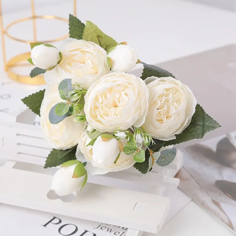 30cm Rose White Peony Artificial Flowers Bouquet 5 Big Head and 4 Bud