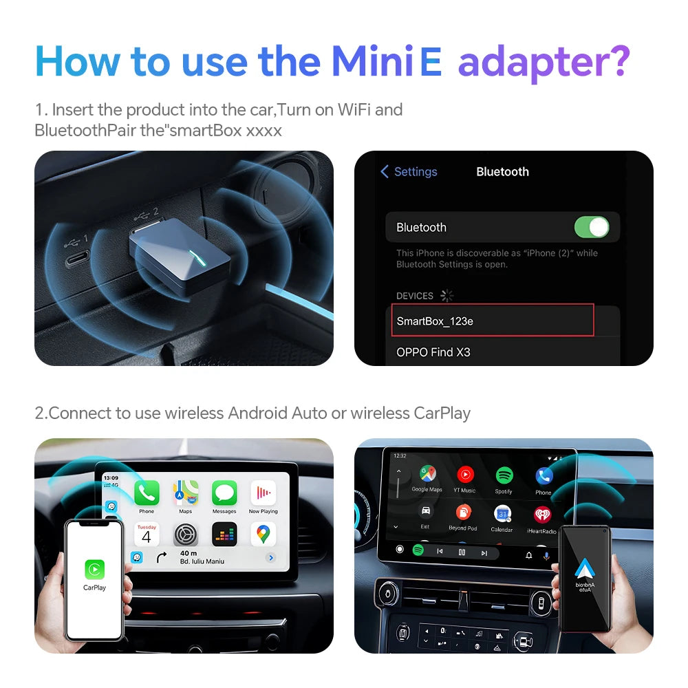 Mini Box wired to wireless Carplay and Android Auto 5GHz Wifi5 transmission speed Plug and Play fashionable and portable