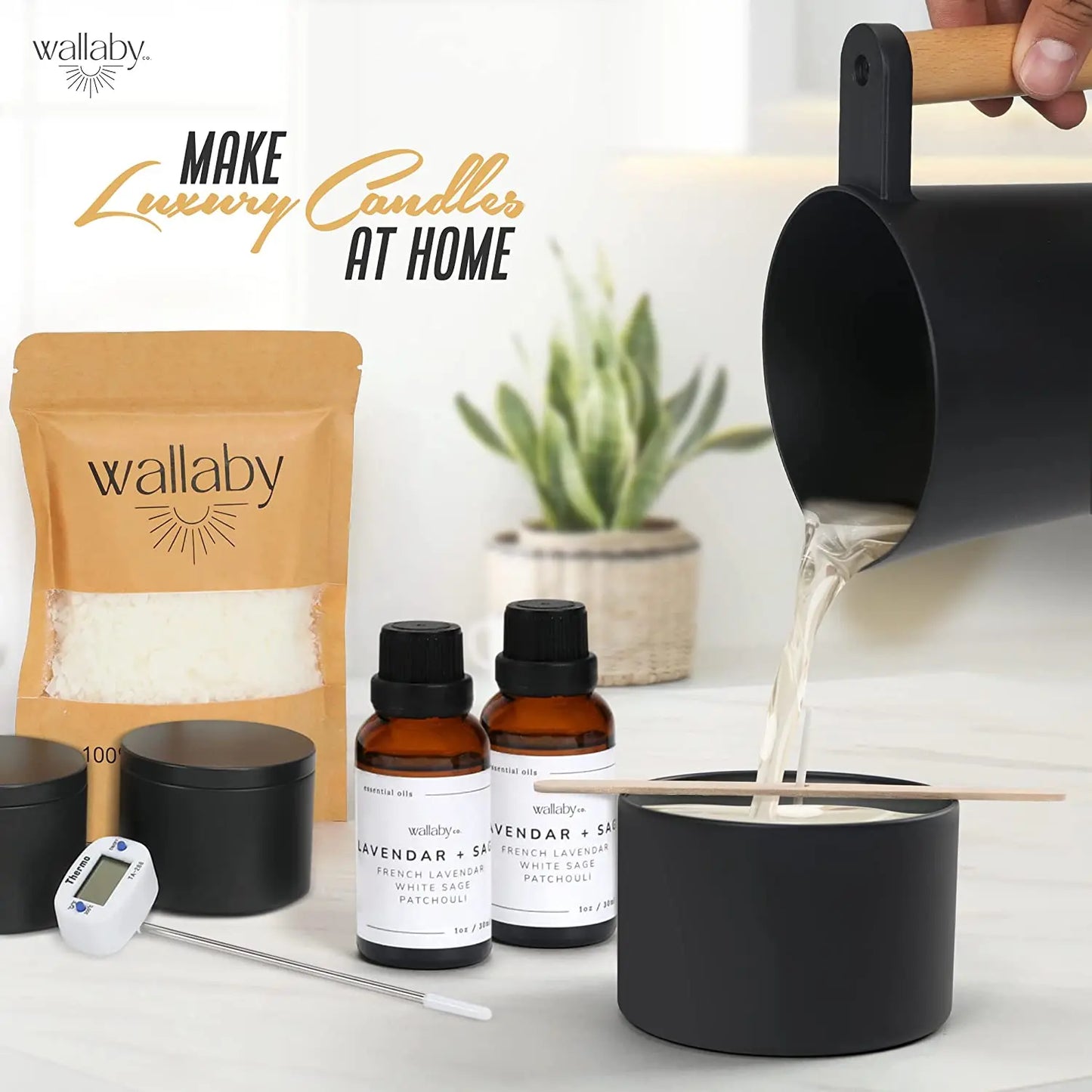 Modern DIY Candle Making Kit 100% Natural Soy Wax and 4 Large 8oz Minimalist Black Tins, Gift for Adults and Beginners