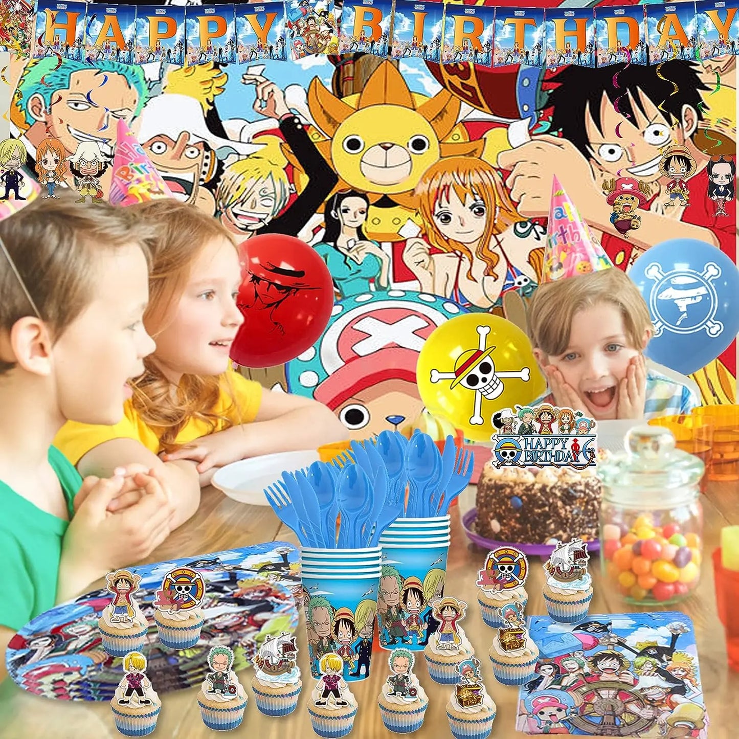 One Piece Partydekorationen Ruffy Balloon Gear 5, Partygeschenke, Einweg-Partygeschirr, Tischdecken, Tassen, Cartoon-Figur