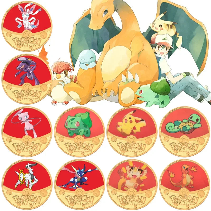 New pokemon 10 style coins metal silver coins Pikachu golden cards commemorative coin Charizard round metal coin child toy gift box