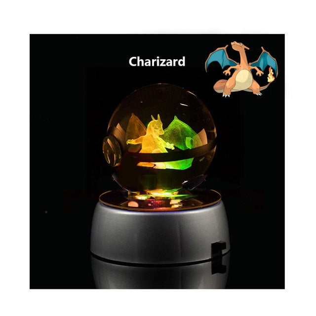 Pokemon 3D Kristallkugel Snorlax Figur Pokeball Gravur Kristall Charizard Modell mit LED-Lichtbasis Kinder Spielzeug Anime Geschenk