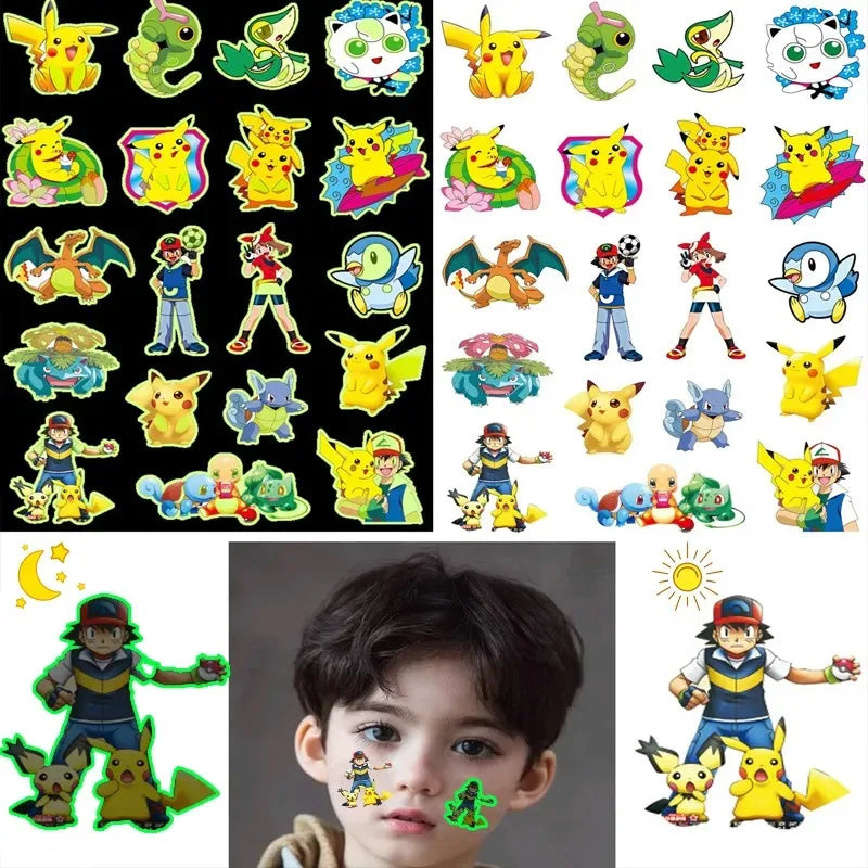 Tatouages ​​lumineux Pokemon pour enfants, autocollants temporaires, Styles Pikachu, fournitures de fête scintillantes pour garçons et filles, cadeaux pour enfants