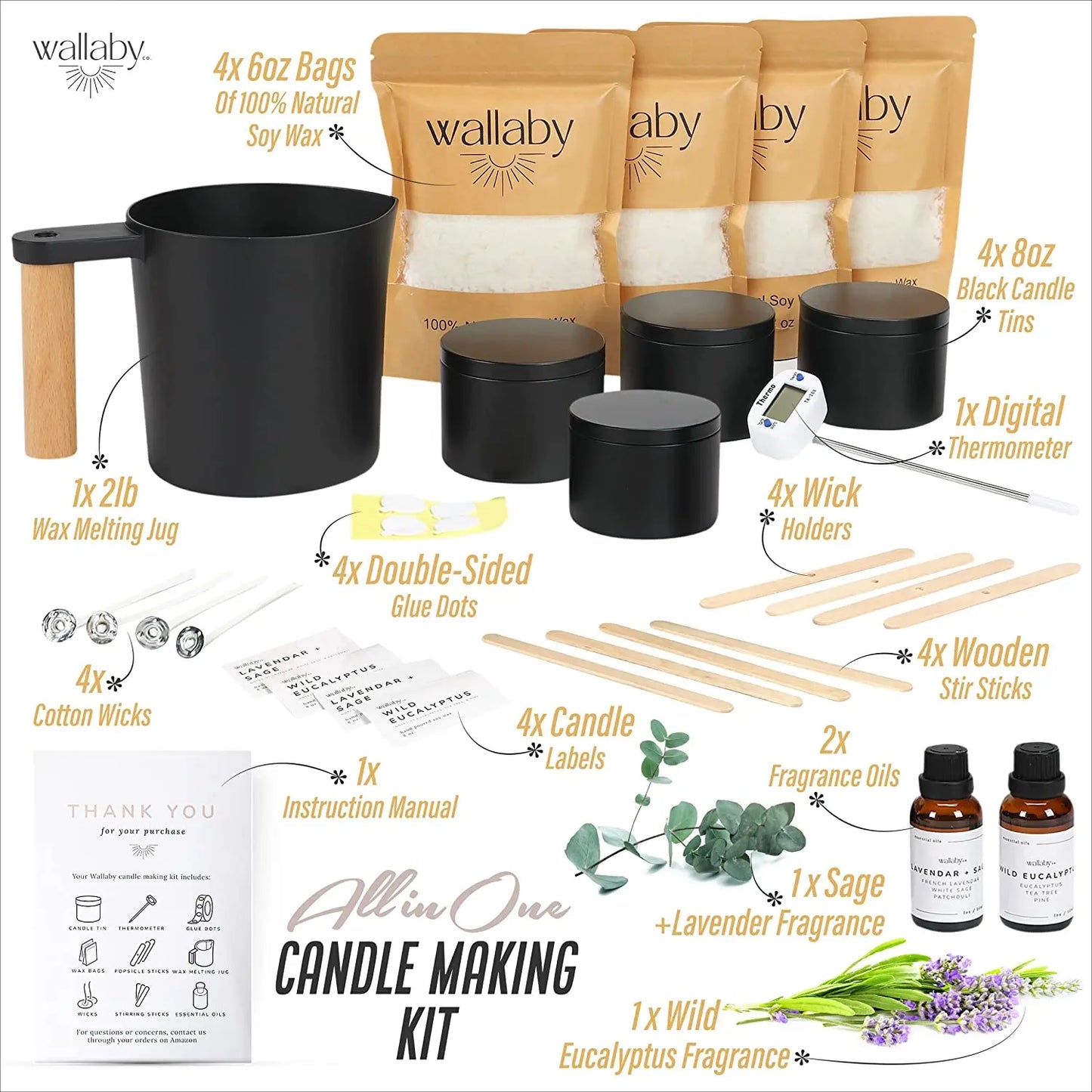 Modern DIY Candle Making Kit 100% Natural Soy Wax and 4 Large 8oz Minimalist Black Tins, Gift for Adults and Beginners